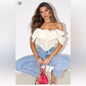 NWT PLT Cream Woven Bardot Extreme Ruched Mesh Panelled Corset